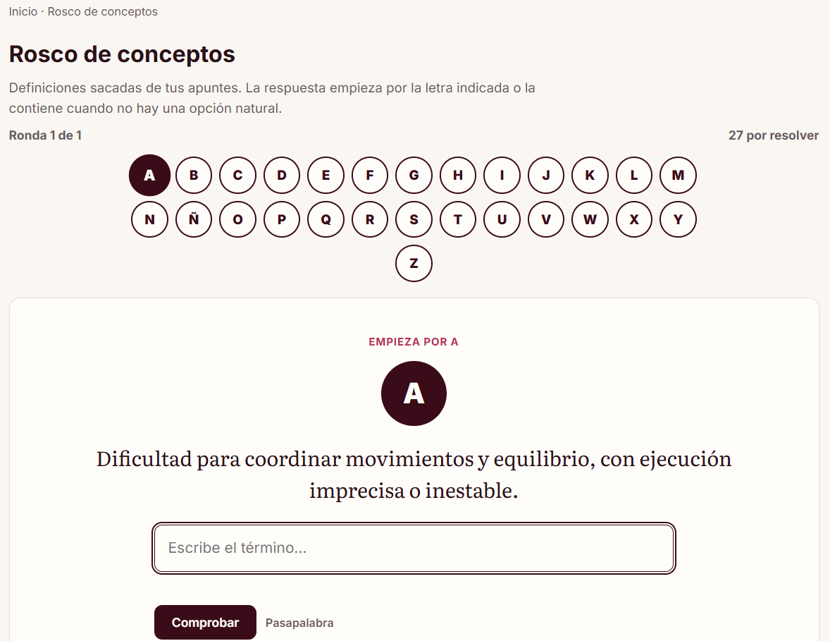 Rosco de conceptos de Gisla: las letras del abecedario en círculos y una definición para adivinar el término que empieza por A.